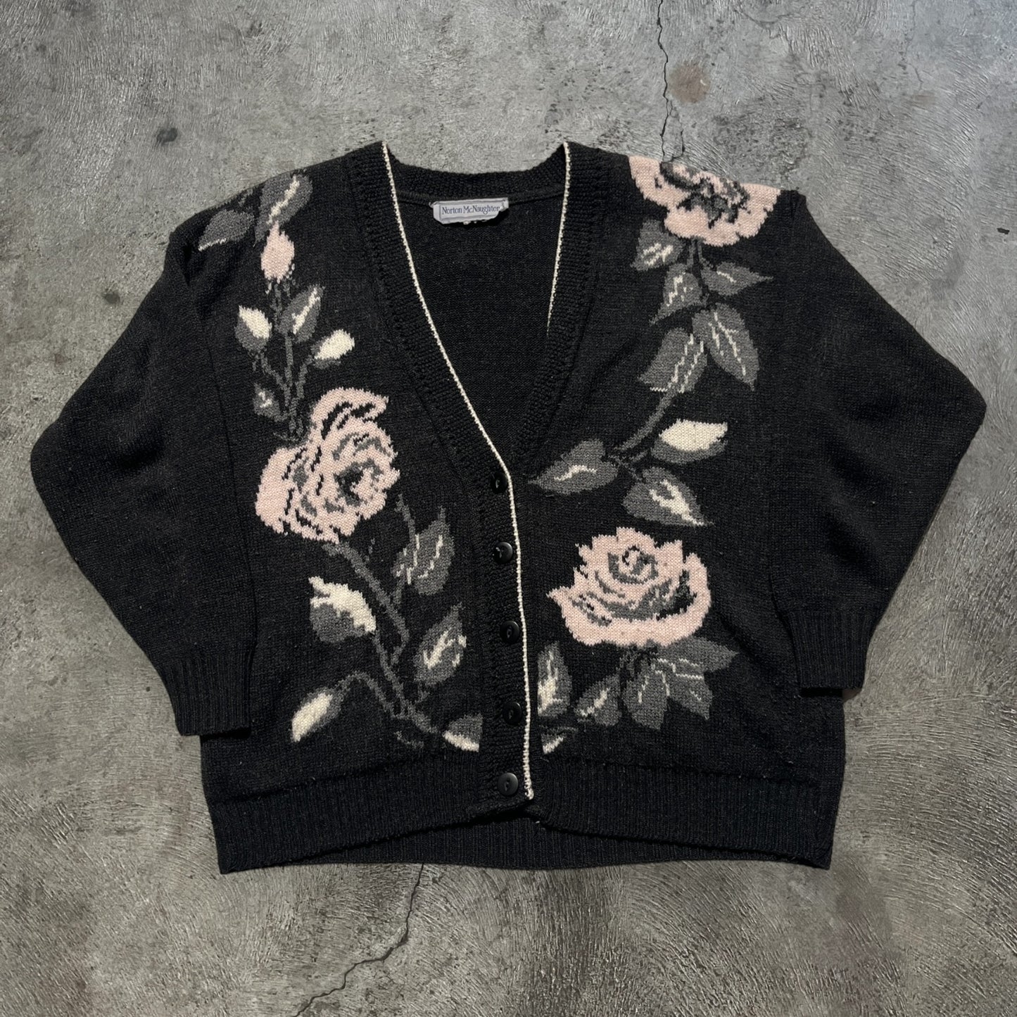 80s Floral Print Cardigan Sweater Black Size Large